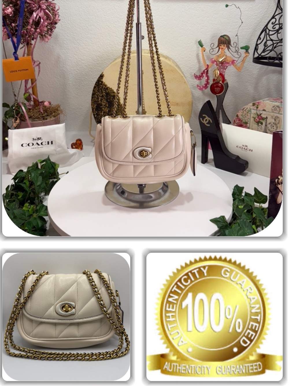 ICONIC COACH WHITE QUILTED "C" LOGO GOLD CHAIN QUILTED LEATHER CROSSBODY BAG!